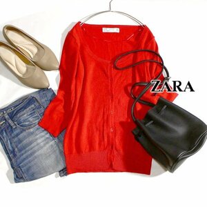 美品 ザラ ZARA 綺麗色 クォータースリーブ ニット カーディガン S 春 秋 合服 24C09