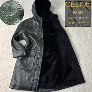 超希少/パイソン柄 ●CELINE セリーヌ ダッフルコート ボア ムートン ロング アウター メンズ XLサイズ相当 ヘビ柄 フランス製 極暖 高級