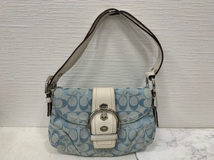 ☆1000円スタート☆ COACH コーチ 10602 ソーホー シグネチャー ショルダーバッグ ジャカード レザー スカイブルー オフ白◆14645