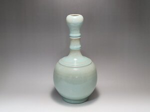 翡色天釉 竹節型 一輪花入 花瓶 時代唐物 高さ約28.4cm / 宋元時代 茶道具 茶器 花瓶 飾瓶 花插 人間国宝 李朝 高麗 古玩 古董