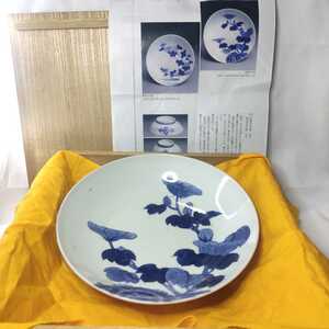 鍋島焼 芙蓉文中皿 染付け 櫛高台 古美術品 アンティーク 桐箱 珍品 旧家蔵出し