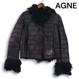 AGNE アグネ 東欧商会★ 秋冬 ファー 羊毛革♪ パッチワーク リアル ムートン ジャケット Sz.M レディース 黒　K4T01736_A#N