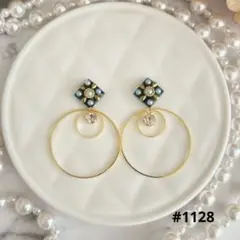 #1128 エスニックフープレジンピアス/イヤリング　グリーン　ハンドメイド