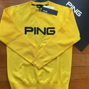 送料無料PING GOLFピンゴルフMENS秋冬モデルKNITプルオーバー異素材スイング容易CUTTING軽量伸縮快適PLAYラメ入ロゴYellow(大特価L)新品