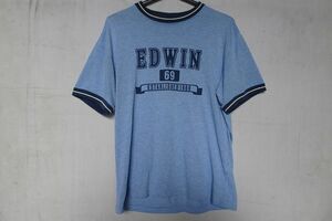 EDWIN/エドウィン/半袖Tシャツ/フロントロゴプリント/首ぐり・袖口白ライン入り紺リブ素材/カジュアル/水色杢/Mサイズ(8/5R)