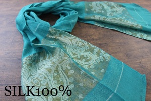 新品【シルク100% SILK】ペイズリー柄 エメラルドグリーン 緑 E.GREEN ゴールド 金 GOLD スカーフ/ストール