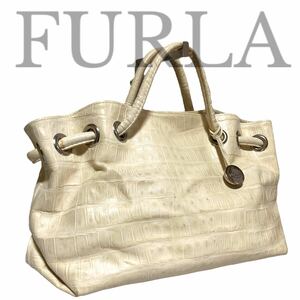 FURLA フルラ レディース バッグ ハンド トート レザー 本革 クロコダイル 型押し オフホワイト 白 ロゴチャーム 1000円スタート 最落なし