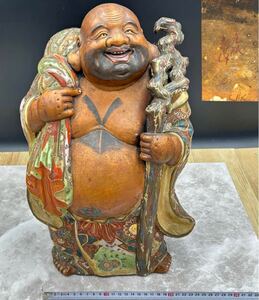 1124A 時代物 高さ約40cm 九谷焼 古九谷 七福神 布袋 置物 縁起物 布袋様