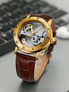腕時計 メンズ 機械式 透かしデザイン レトロ ゴールド メンズ 自動巻き機械式腕時計 トップブランド ローマ数字 職場でも、レジ