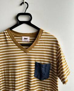 【美品】tmt Tシャツ 半袖 カットソー メンズ L ボーダー 茶×白 デニムポケット コットン100% 日本製 ティーエムティー