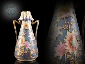 【雲】某資産家買取品 オールドノリタケ Noritake 金盛色絵花絵付耳付花瓶 飾壺 高さ27.5cm 古美術品(花器花入)Y3213 CThjm5