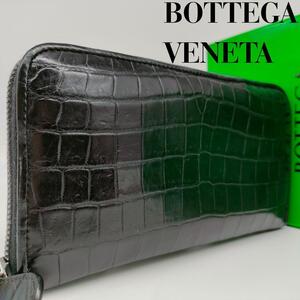 定価５５万円超【極美品・超レア】ボッテガヴェネタ BOTTEGAVENETA クロコダイル ラウンドファスナー 長財布 鰐革 ブラック 白タグ メンズ