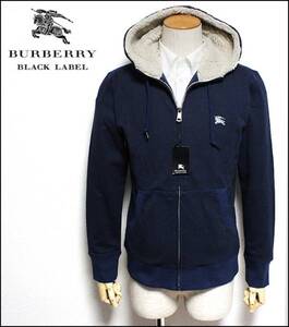 新品 バーバリーブラックレーベル 【フード裏にボア付き】 ホース刺繍 高級スウェット ZIPパーカー 紺 2(M) ■BURBERRY BLACK LABEL