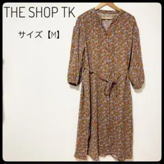 THE SHOP TK 花柄長袖ワンピース 　M　Vネック　ドロストリボン　上品