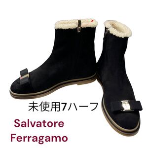 未使用　サルヴァトーレフェラガモ　アンクル　リアルムートン　ブーツ　7ハーフ　24.5㎝　Salvatore Ferragamo