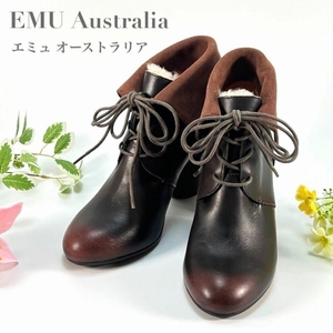 ほぼ未使用 EMU Australia エミュ オーストラリア Rose Malee 24cm ブラウン レースアップ ムートン 本革 太ヒール レディース
