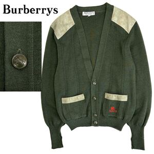 英国製 Burberrys Vintage ニット ウール スウェード レザー カーディガン(S)カーキグリーン メンズ トップス イングランド製 バーバリー