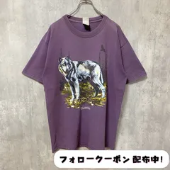 古着 used　GILDAN　ギルダン　狼　半袖アニマル柄プリントTシャツ　紫　パープル　レトロ　デザイン　クルーネック　春夏服