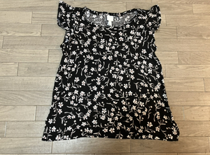 USED★ H&M 黒×白花柄フリルノースリトップス　サイズM