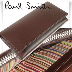 未使用1円～★定価3.5万 ポールスミス Paul Smith 牛革 レザー 二つ折り長財布 ロングウォレット ベジタンストライプトリム 茶本物◆2273◆