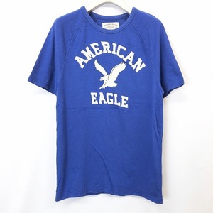 アメリカンイーグル American Eagle Tシャツ カットソー ロゴ刺繍 鳥 鷲 ワシ 丸首 ラグラン 半袖 綿100% S ヘザーブルー 杢青 メンズ 男性