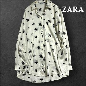 ZARA ザラ　花柄ブラウス　モノクロ　モノトーン　フラワー　花柄　シャツ　ブラウス　サテンタッチ　とろみ　長袖　レディース