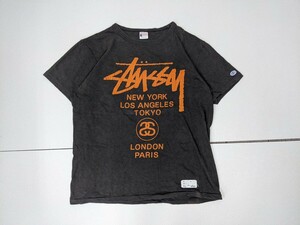 9．STUSSY チャンピオン ランタグ 復刻 シングルステッチ ワールドツアーロゴ プリント 半袖 Tシャツ 別注 ステューシー メンズLx807