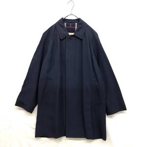 KZ8584★Aquascutum : シルク100％ ステンカラーコート★M★ネイビー 日本製 ロング チェック柄