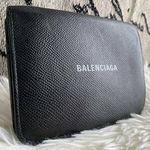 【希少】BALENCIAGA バレンシアガ 折財布 2つ折財布 コンパクトウォレット 小銭入れ有り ロゴ レザー 黒 ブラック