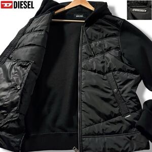 極美品/希少XLサイズ●DIESEL ディーゼル ナイロン切替 中綿 パーカー フード ジップジャケット ストレッチ 下部ロゴ金具 黒 ブラック