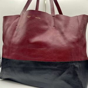 1円◎美品◎CELINE セリーヌ トートバッグ ハンド ホリゾンタル カバ バイカラー 黒 ボルドー カーフレザー 本革 A4 メンズ レディース