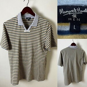 ★【名作 国内正規品 日本製】MARGARET HOWELL MEN マーガレットハウエル コットン100％ メンズ ボーダー スキッパー ポロ シャツ L