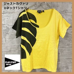 Justcavalli/ジャストカヴァリUネックTシャツ 染み込みプリント イタリア製 made in Italy イエロー半袖シャツ 玉FL1013