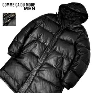 極美品 定価16万 極暖! COMME CA DU MODE MEN 最高級 ホースハイド 極上レザー フーデッド ダウンコート 3 黒 馬革 ジャケット コムサメン