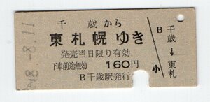 〇　国鉄　千歳線　千歳から　東札幌ゆき　乗車券　S４８年　同年着駅は廃止〇