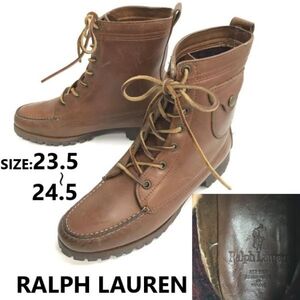 80〜90s?★RALPH LAUREN/ラルフローレン★本革/革紐レースアップブーツ【23.5-24.5/茶】ビブラムソール/Leather/Boots/shoes/靴◆pWB103-01