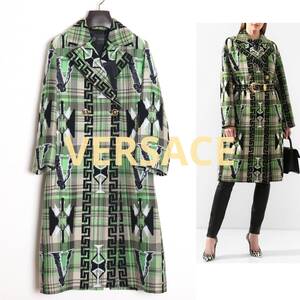 VERSACE 19SS 新品 シルク混ウール チェスターコート 36 国内正規品 メドゥーサ金ボタン グレカ柄 バロッコ レターV ダブル トレンチ 総柄