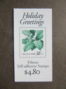 アメリカ American Holly （ヒイラギ）Holiday Ｇｒｅｅｔｉｎｇｓ４.８$ 切手帳 ３２¢×１５枚 未使用