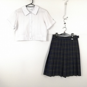 1円 ブラウス チェックスカート 上下2点セット 大きいサイズ 夏物 女子 学生服 大阪金蘭千里中学高校 白 制服 中古 ランクC EY8499