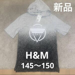 H&M 新品 フード付きTシャツ 145〜150 グレー/ブラック 半袖パーカー