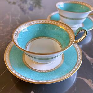 ペア WEDGWOOD ユーランダーパウダー ターコイズ ティーカップ&ソーサー (ピオニー)ブルー. セット ウェッジウッド ゴールド 金彩