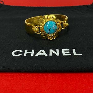 極 美品 CHANEL シャネル ヴィンテージ 97P 刻印 ココマーク ターコイズ ブレスレット バングル アクセサリー レディース ゴールド 03957