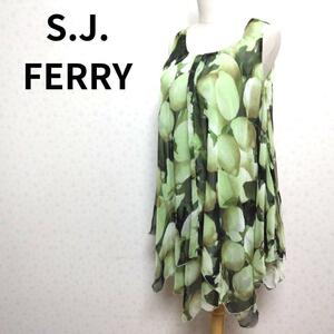 S.J. FERRY 総柄 グリーンカラーデザイン ノースリーブ ひざ丈ワンピース 膝丈 Uネック レディース