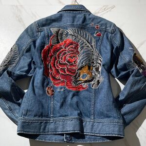 極美品/定価10万●DIESEL ディーゼル【鯉 薔薇 バラ 刺繍 ストレッチ素材】デニムジャケット Gジャン ジージャン インディゴブルー メンズ