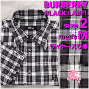 BURBERRY 半袖シャツ size2 メンズM ワイヤー入り襟 チェック柄 レギュラーカラー