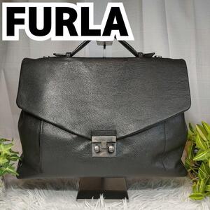 ◆極希少◇美品◆ フルラ ビジネスバッグ ブラック シボ革 FURLA ブリーフケース 黒 ハンドバッグ メンズ 男性 女性 レディース レザー本革