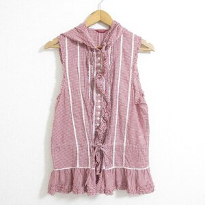 美品 PINK HOUSE ピンクハウス ギンガムチェック柄 ノースリーブ フーデッド ピコフリルブラウス シャツ レッド系 ◆