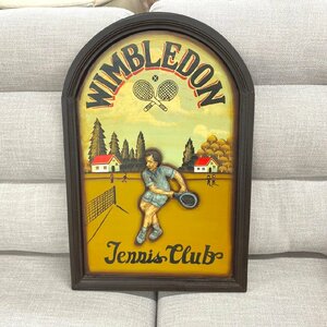 □アンティーク　木製タペストリー「Tennis Club」40×60×2　/レトロ・USED・雑貨　Λ□