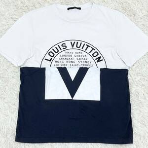 1円〜 ルイヴィトン LOUISVUITTON Tシャツ 半袖 ロゴ プリント カットソー メンズ 白 ネイビー LV 切り替え Mサイズ