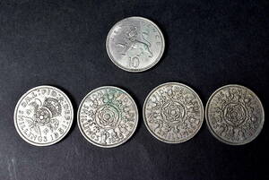 【アンティーク 英国コイン 1968 エリザベスⅡ世 10ペンス1枚/ 2シリング白銅貨レジーナ ジョージⅥ世.エリザベスⅡ世 1951-1964年 計5枚】